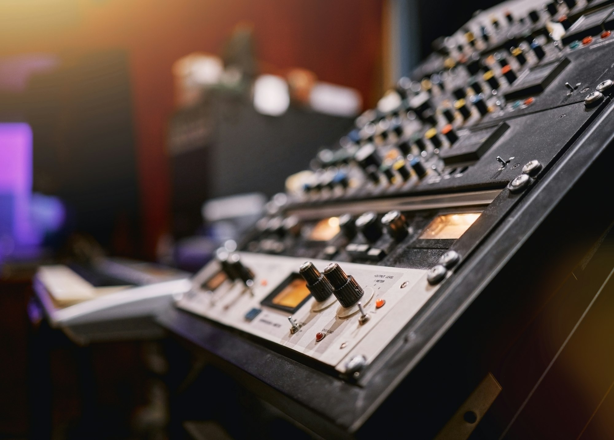 Sound board, music and production in recording studio with closeup, creativity and audio equipment