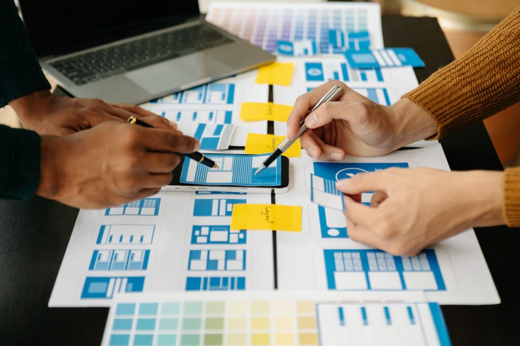 UX graphic designer planning application process development prototype wireframe for web smart phone