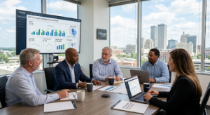 A marketing team at iNHouse Advertising in Tulsa works on a PPC strategy, reviewing performance dashboards on a large screen with the downtown skyline visible through the window. This shows a PPC management agency optimizing campaigns for local clients.