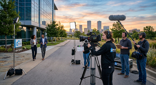 “This wide-angle landscape photograph shows a professional video production crew actively filming actors on a paved pathway at a corporate park in Tulsa, Oklahoma, at sunrise. The background features modern office buildings and the Tulsa skyline silhouetted against a dramatic warm sky, showcasing the intersection of professional video production services and regional branding.”